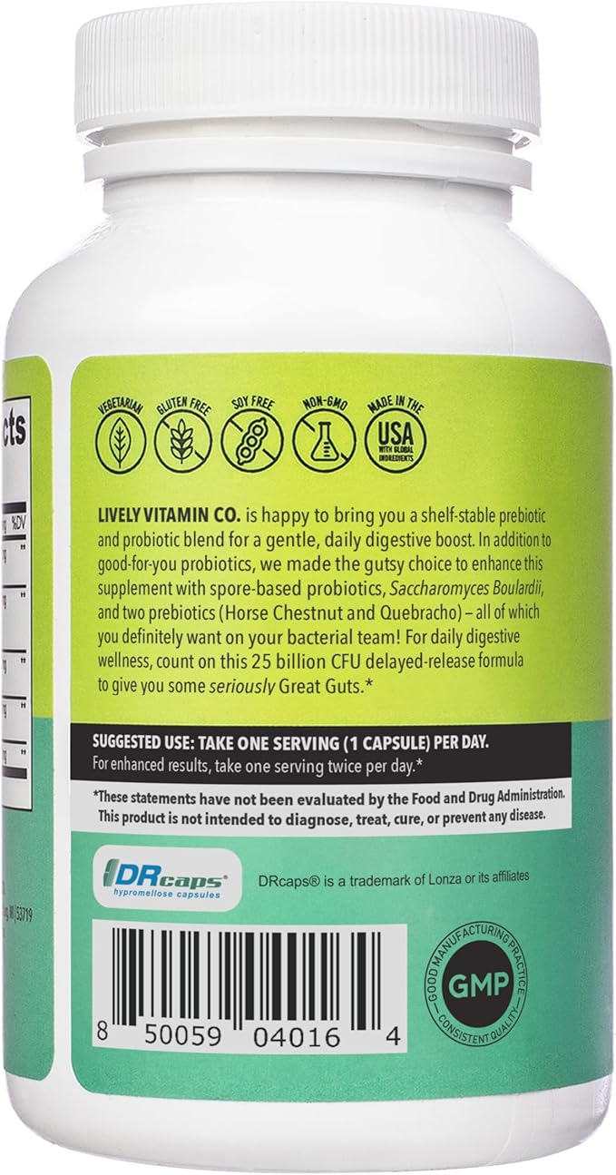 LIVELY VITAMIN CO. Great Guts Probiotic - 25 Billion CFU Probiotic - Balance Gut Microbiome GI Tract Inflammation Indigestion Reflux Upset Stomach &amp Diarrhea - 90 Caps