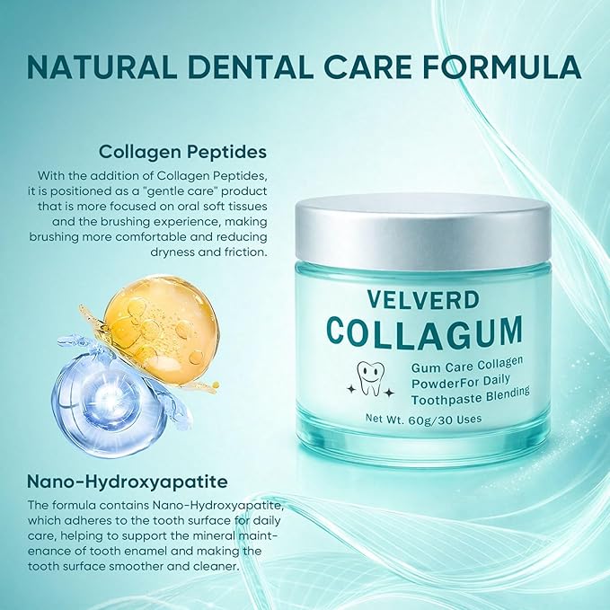 Velverdo Collagen Powder Collagum Collagen Powder for Gums Hydroxyapatite Toothpaste Powder for Teeth and Gums Natural Ingredients Gentle Cleaning of Teeth