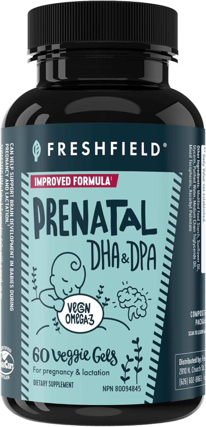 Freshfield Prenatal Vegan Omega 3 DHA: Sustainable Carrageenan Free Third Party Tested Compostable Bottle Carbon Neutral. Supports Heart Brain Joint Health w/DPA