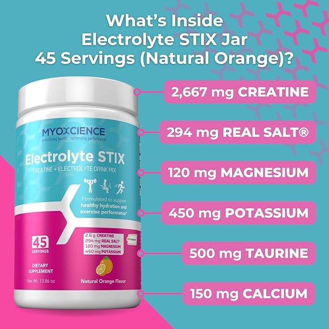 MYOXCIENCE Electrolyte STIX | Creatine Electrolyte Powder | Recovery from Exercise &amp Muscle Development w/Real Salt (Natural Orange Flavor) (Jar 45 ct)
