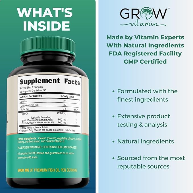 grow vitamin OmegaVita Fish Oil : 800 mg EPA 600 mg DHA Omega 3 Supplement for Heart Brain &amp Immune Support Absorbable Triple Strength Fish Oil Supplement - 2000 mg Per Serving 30 Day Supply