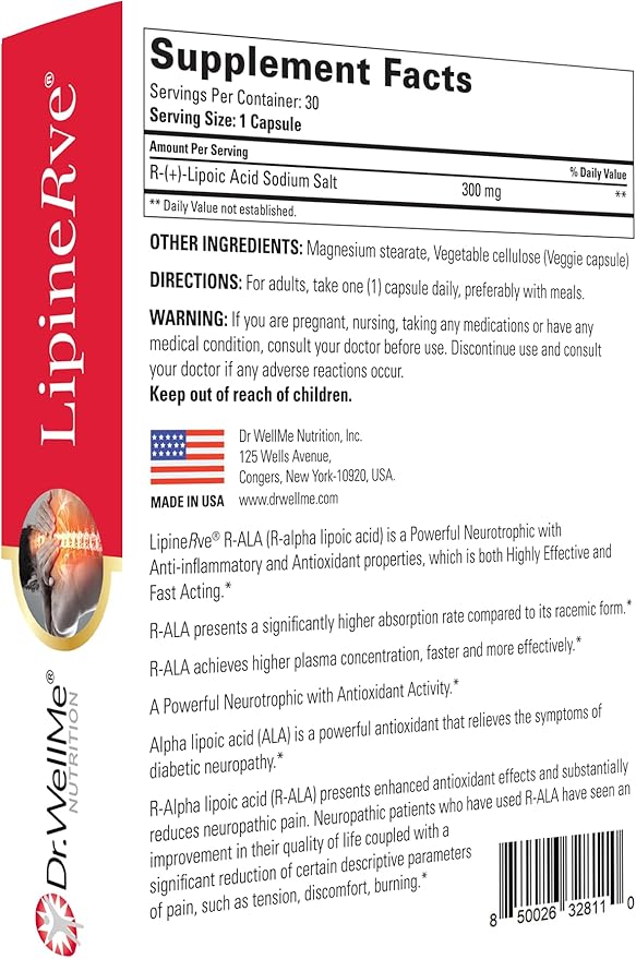 Dr.WellMe Lipinerve R Alpha Lipoic Acid 300mg Capsules Per Serving - an Antioxidant Supplement Kosher | Halal 30 Count - Made in USA