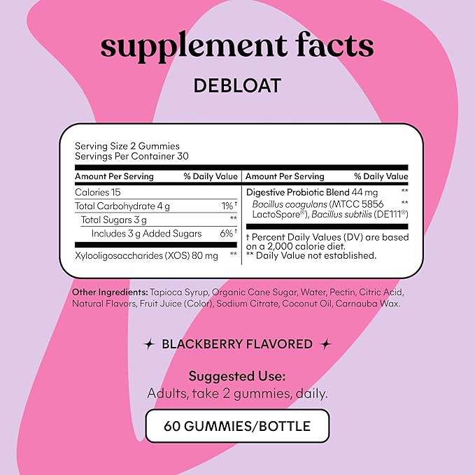 Lemme Debloat - Digestive &amp Gut Health Gummies with 2 Clinically Studied Probiotics &amp Prebiotic Vegetarian Gluten Free Non GMO BlackBerry Flavor (60 Count) (Pack of 2)