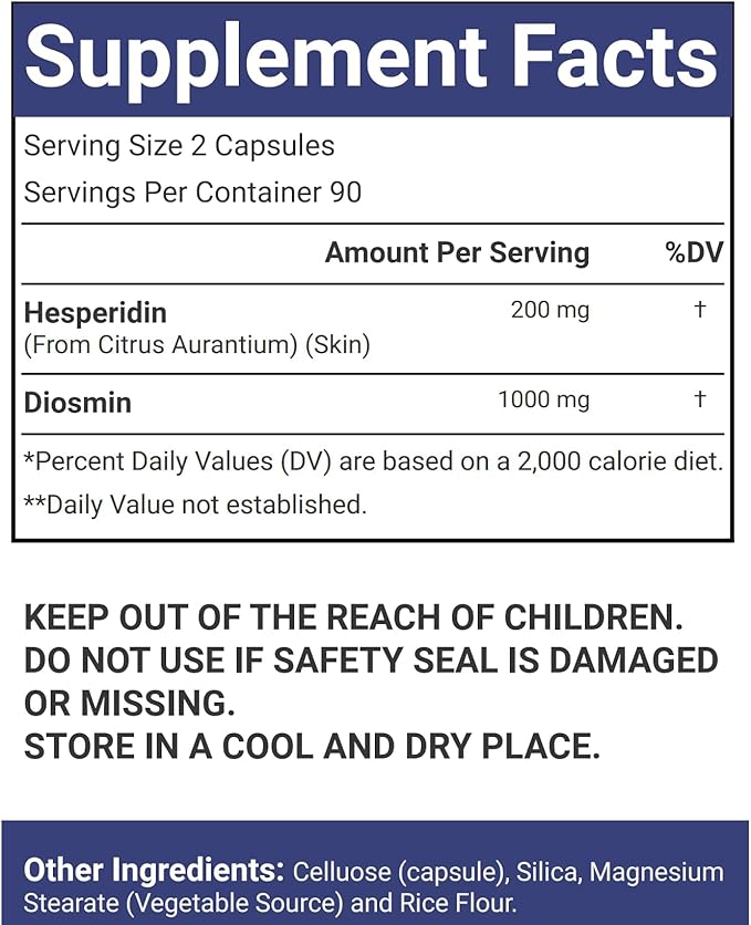 Diosmin Hesperidin 1200 mg Complex 180 Capsules Citrus Bioflavonoids Rich Fruit Extract 100% Vegetarian Non-GMO &amp Gluten Free Diosmin Supplement with Max Strength - 2 Packs