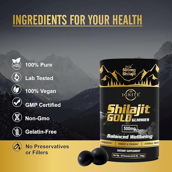 Pure Himalayan Shilajit Gummies – 75%+ Fulvic Acid High Potency Gold Grade – Blend for Energy Vitality &amp Immune Support Travel - Friendly Tamarind Flavor – 60 Gummies