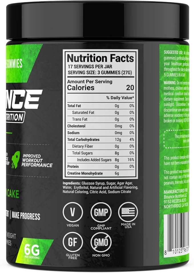 Bounce Pro Creatine Monohydrate Gummies for Men &amp Women Low Calorie 6G of Creatine per Serving Vegan Anti-Melting Gluten-Free Non-GMO (51 Count (Pack of 1) Lemon Cake)