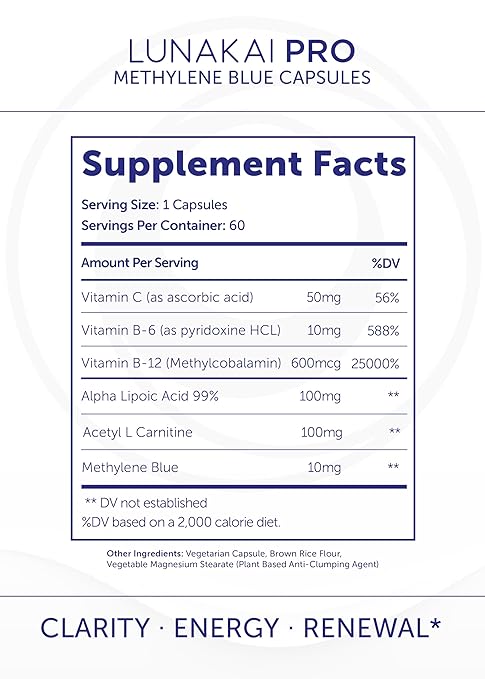 Lunakai PRO USA Made Methylene Blue Capsules Pharmaceutical Grade with Vitamin C B6 B12 – 3rd-Party Tested Daily Brain &amp Focus Support Supplement for Humans 60ct