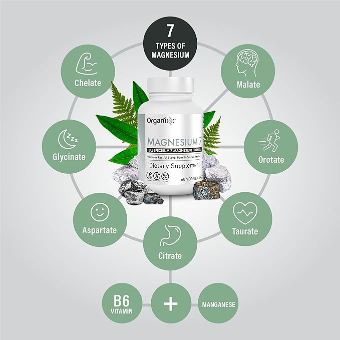 Organixx Magnesium Glycinate Supplement for Support Sleep Muscle &amp Heart Health 7 Type Magnesium Complex with Vitamin B6 Manganese Citrate Gluten Free Non GMO 120 Capsules (60 Capsule 2 Pack