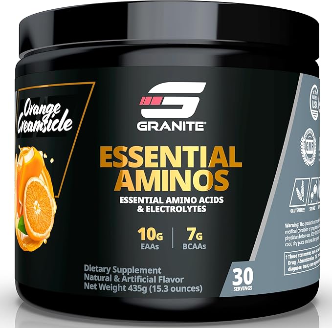 Granite Essential Amino Acids Powder for Muscle Recovery and Growth with 10g EAAs and 7g BCAAs - Soy-Free Gluten-Free 448g (30 Servings) Orange Creamsicle Flavor