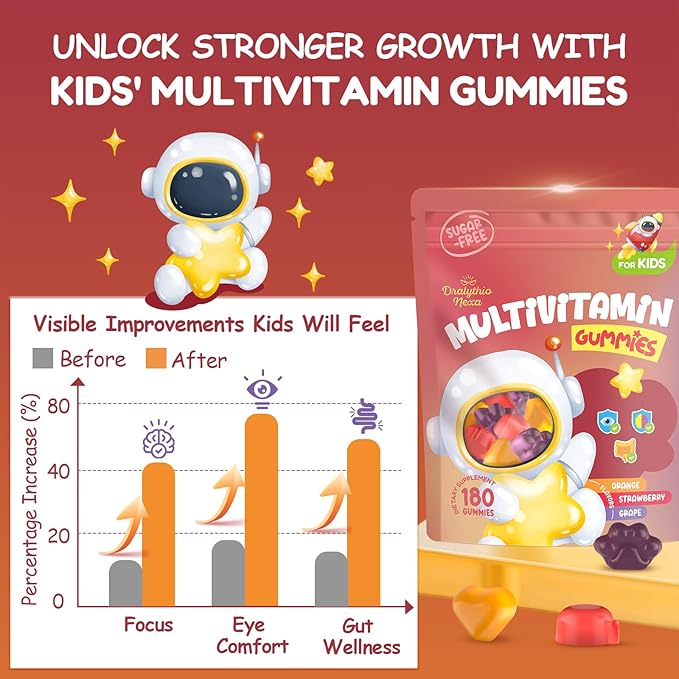 Kids Multivitamin Gummies 180 Count - Eye Brain &amp Gut Support - Sugar-Free Vitamins for Kids - with Lutein Omega-3 DHA &amp Prebiotics - 3 Fruit Flavors - Ages 2+