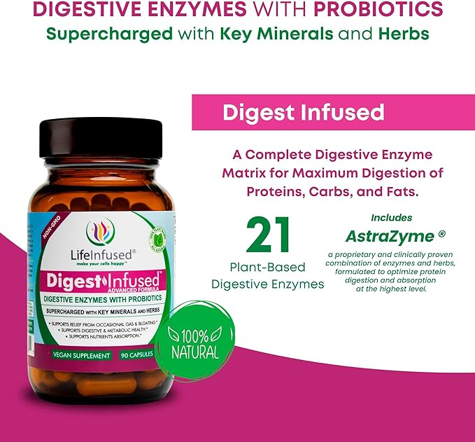 Life Infused Digestive Enzymes with Probiotics – 21 Plant-Based Enzymes with Bromelain Papain Amylase &amp Protease – Digestive Support for Gas &amp Bloating – 72 Trace Minerals &amp Herbs – Vega