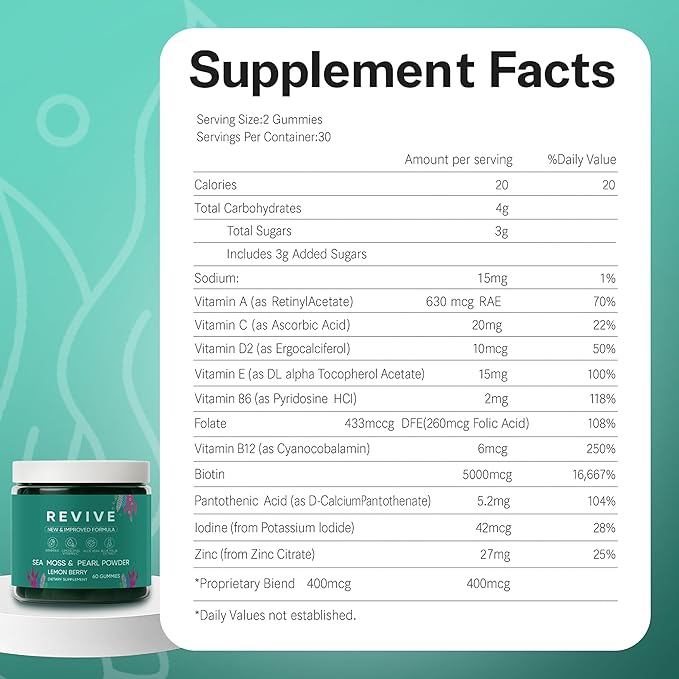 Balmbare Revive Gummies for Hair Loss - Sea Moss Gummies with Vitamin C Vitamin E Aloe Vera Pearl Powder Supports Faster Hair Growth Stronger Nails Healthy Skin Extra Strength - 60 Count