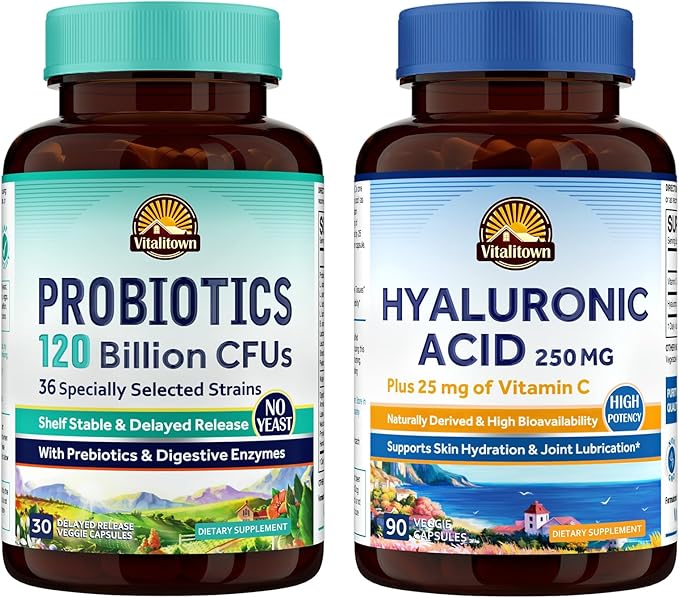 Vitalitown Gut-Skin Bundle (Pack of 2) | Probiotics 120 Billion CFUs (Item 1) &amp Hyaluronic Acid (Item 2) | 30 + 90 Capsules