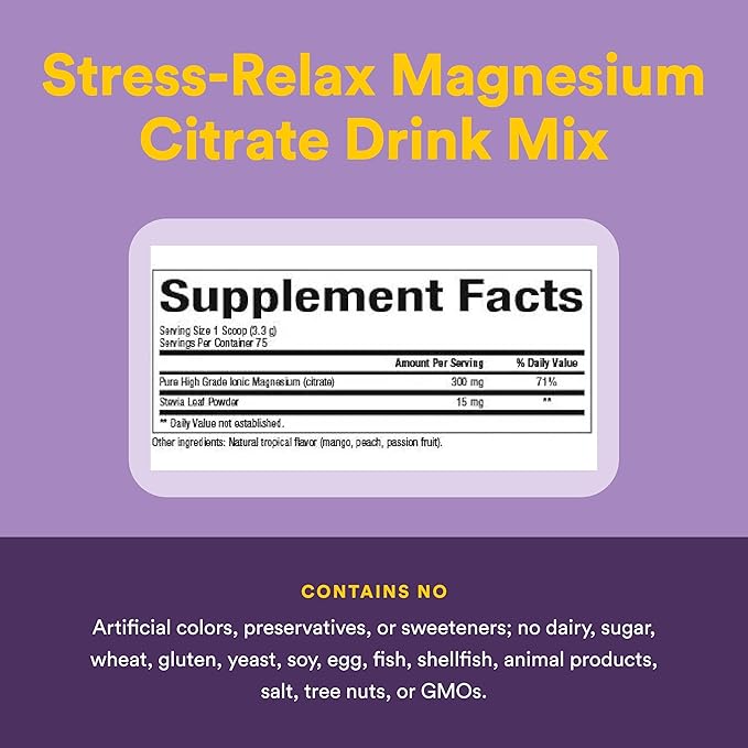 Stress-Relax Magnesium Citrate Drink Mix by Natural Factors Restores Normal Levels of Magnesium &amp Balances Calcium Intake Non-GMO Tropical Flavor 8.8 oz (75 servings)