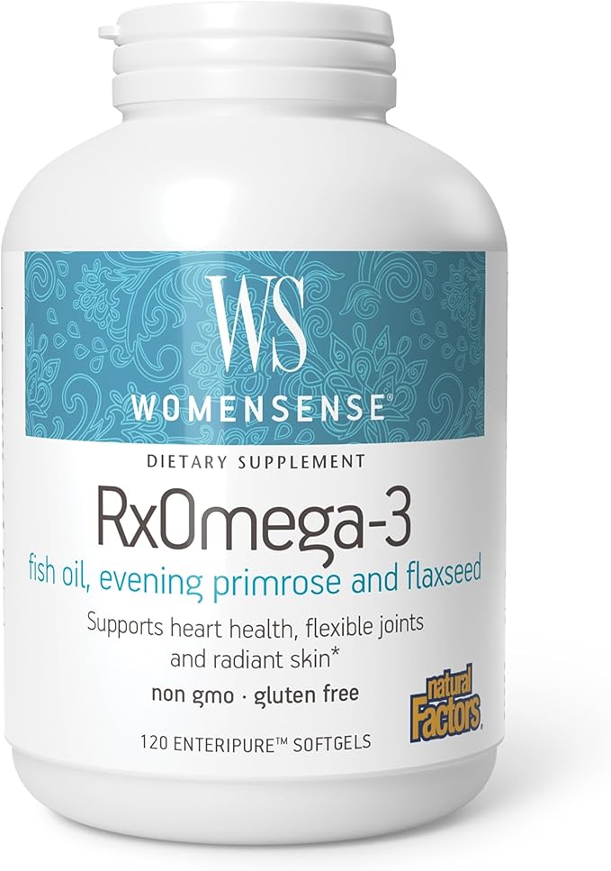 WomenSense by Natural Factors RxOmega-3 Fish Oil Supports a Healthy Heart and Joints with Primrose Oil Omega-3 DHA and EPA Gluten Free 120 softgels (60 servings)
