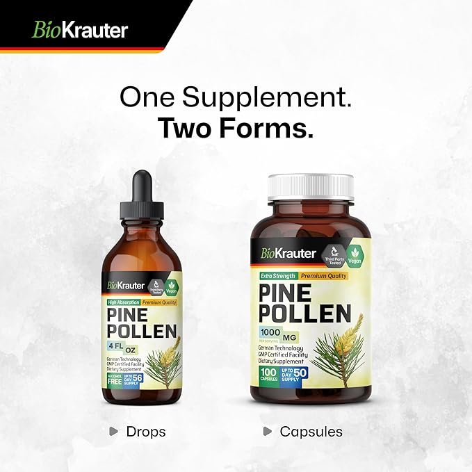 BIO KRAUTER® Pine Pollen for Men's Support - Pure &amp Vegan Pine Pollen Extract 1000 mg per Serving - Immune Support Supplement &amp Antioxidants - 100 Capsules 50-Day Supply Non-GMO Herbal Suppl