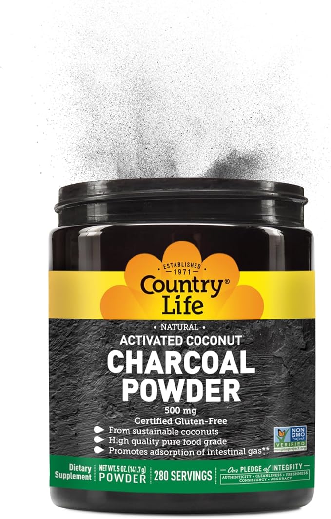 Country Life Activated Coconut Charcoal Powder 500mg – Natural Activated Charcoal for Digestive Health Gas &amp Bloating Relief DIY Uses - Non-GMO Gluten-Free Vegan 5oz Powder