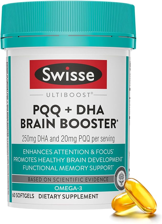 Swisse PQQ + DHA Brain Booster | Supports Brain &amp Heart Health | Enhances Attention &amp Focus | Functional Memory Support | Promotes Efficient Metabolism &amp Mitochondrial Health | 30 Softgels