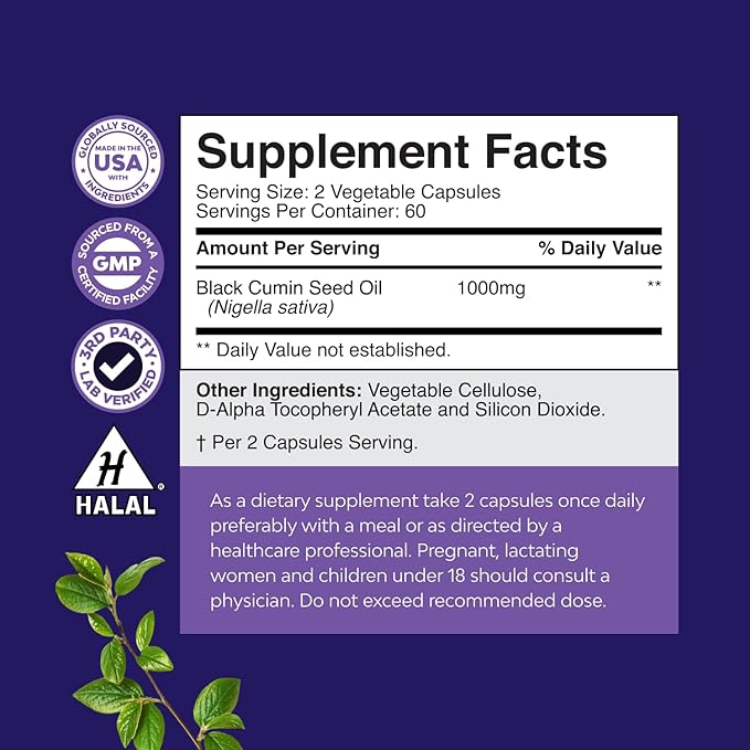 Cold Pressed Black Seed Oil Capsules - Vegan Nigella Sativa Black Cumin Seed Oil Capsules with Omega 3 6 9 Antioxidants and Thymoquinone for Hair Growth Immune Support Joint Health and Digestion 120ct
