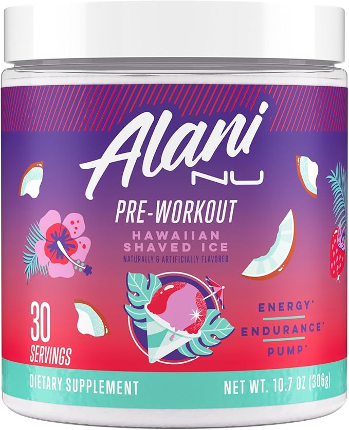 Alani Nu Pre Workout Powder Hawaiian Shaved ICE Amino Energy Boost Endurance Supplement Sugar Free 200mg Caffeine L-Theanine Beta-Alanine L-Citrulline 30 Servings
