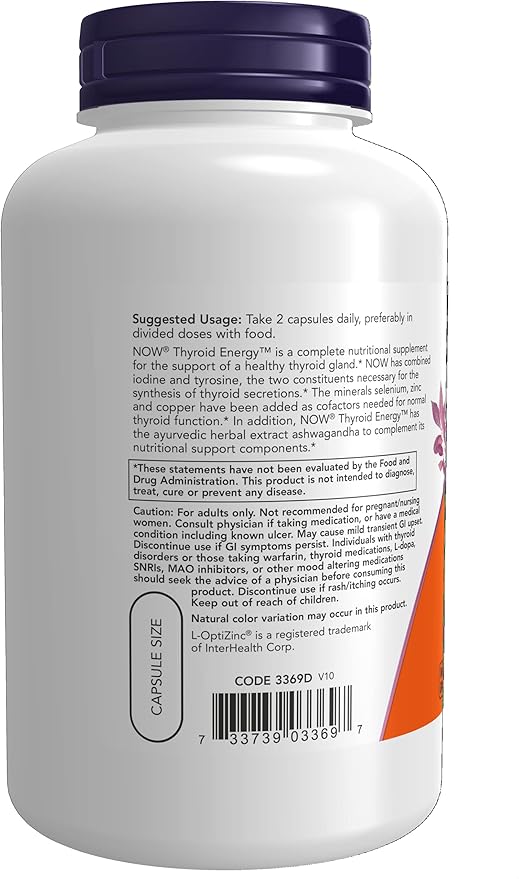 NOW Foods Supplements Thyroid Energy™ Iodine and Tyrosine Plus Selenium Zinc and Copper 180 Veg Capsules (Pack of 2)