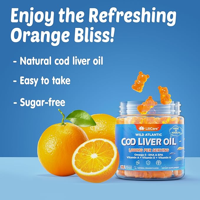 Cod Liver Oil Gummies 1000mg for Kids &amp Adults - w/Omega 3 (EPA &amp DHA) Vitamins A D3 &amp K2 - Cod Liver Oil Omega 3 Gummies for Immune Brain &amp Cognitive Support Sugar-Free Orange Fl