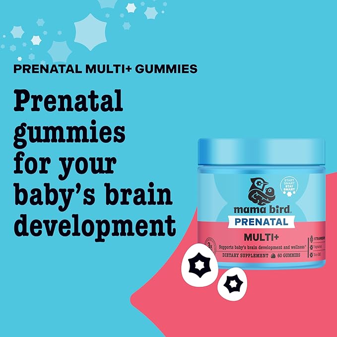 Best Nest Wellness Mama Bird Prenatal Multi Plus - Iron Free Prenatal Care Supplement Supports Brain &amp Digestive Health - Vegan Multivitamin with Methylfolate - Strawberry 60 Gummies (30 Servings