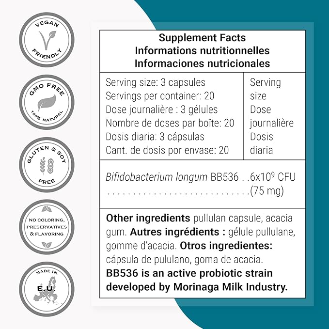 Supersmart - Bifidobacterium Longum (BB536) 6 Billion CFU per Day - Probiotics &amp Prebiotics Supplement | Non-GMO &amp Gluten Free - 60 DR Capsules