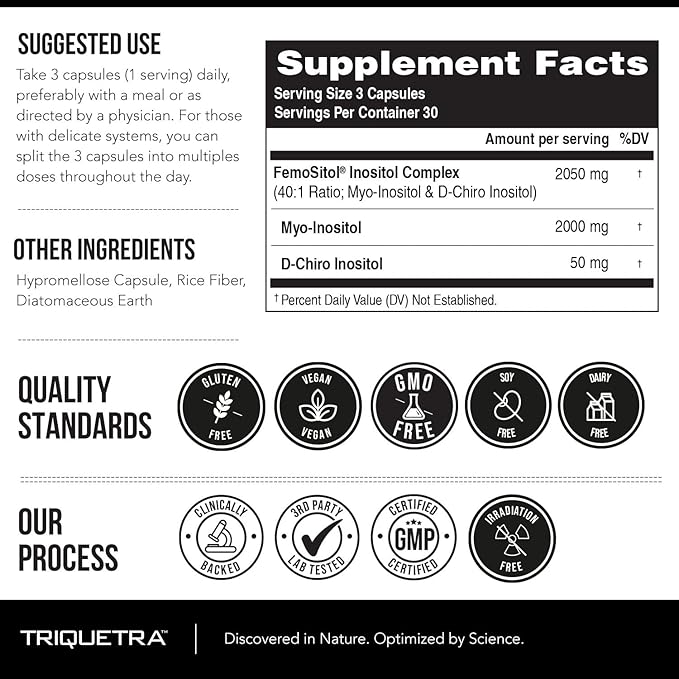 Femositol® Myo-Inositol &amp D-Chiro Inositol Complex Supplement - Clinically Validated 40:1 Ratio (Vitamin B8)| Hormonal Balance &amp Healthy Ovarian Function Support (90 Capsules – 30 Servings)