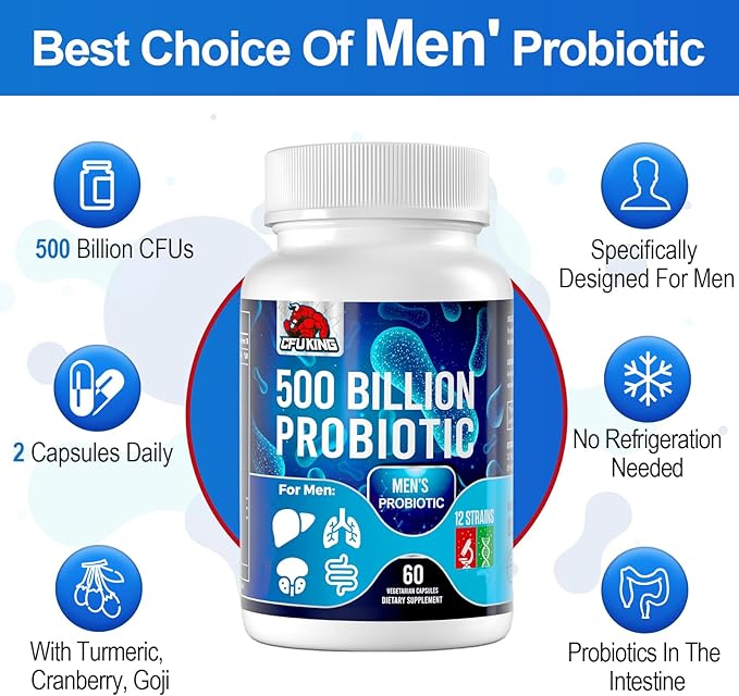 Probiotics for Men 500 Billion CFU &amp 12 Mens Probiotic for Digestive Health + 4 Organic Prebiotic Fiber for Digestive Gut Immune Health Bloating Gas Energy Support Shelf Stable - 120 Capsu
