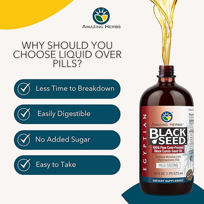 Amazing Herbs Egyptian Black Seed Oil - Gluten Free Non GMO Cold Pressed Nigella Sativa Aids in Digestive Health Immune Support Brain Function Mild Flavor - 16 Fl Oz