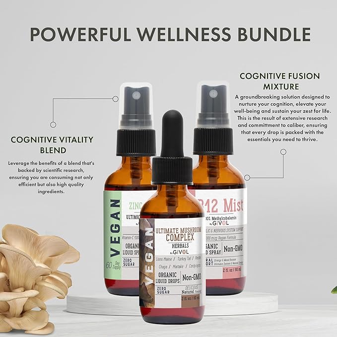 Cognitive Wellness Bundle Liquid Vitamin Trio: Methylcobalamin B12 Lions Mane Reishi Chaga Mushroom Complex &amp Zinc Picolinate: Gluten-Free Sugar-Free Non-GMO - 360 Days Supply