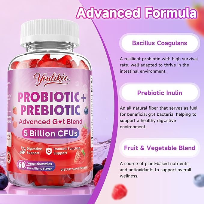 2 Pack Prebiotic + Probiotic Gummies for Women and Men Probiotic Gummies Supports Gut Health 5 Billion CFUs with Fibers Vegan Sugar-Free 120 Count