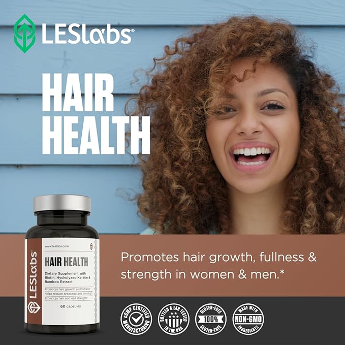 LES Labs Hair Health – Hair Growth &amp Nails Supplement Improved Thickness Strength &amp Fullness – Keratin Biotin Pumpkin Seed &amp MSM – 60 Capsules (Pack of 3)