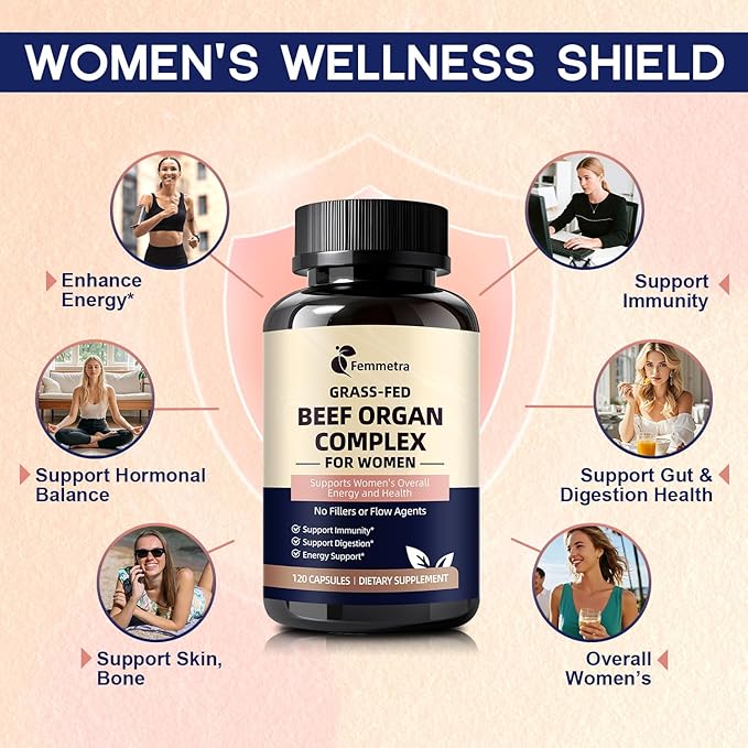 Female-Optimized Beef Organ Complex Superfood Supplement Beef Liver Kidney Heart Uterus &amp 6 More Balance Hormones Energy &amp Women's Overall Wellness with Milk Thistle Zinc Grass-Fed 6