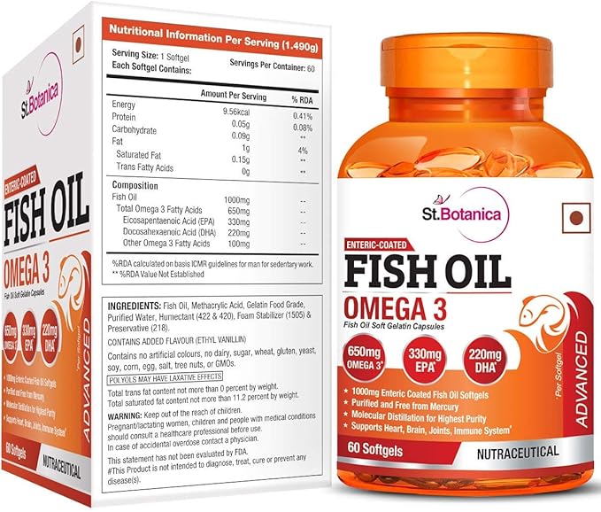 St.Botanica Fish Oil 1000 mg (Double Strength) with 600 mg Omega 3 (330mg EPA 220mg DHA) - 60 Softgels