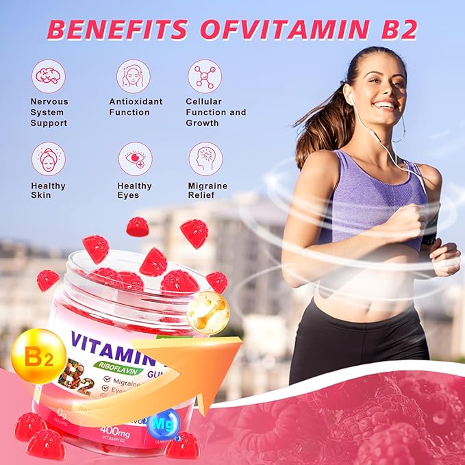 Vitamin B2 Gummies Riboflavin 400mg Supplement with Magnesium for Kids &amp Adults B2 Gummies for Migraine Relief Headache Relief &amp Nervous System Support Vegan Sugar-Free Raspberry Flavor 90