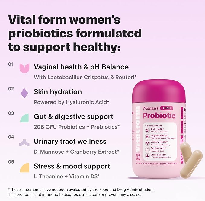 Women’s Probiotic 20 Billion CFU – 5-in-1 Daily Support for Digestive Vaginal &amp Urinary Health – with Cranberry D-Mannose Prebiotics &amp Hyaluronic Acid – 30 Capsules
