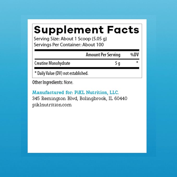 PiKL Creatine Monohydrate Powder | Micronized &amp Unflavored | 5g Scoop | 100 Servings | Clean Creatine for Strength | Workout Supplement for Pickleball Players