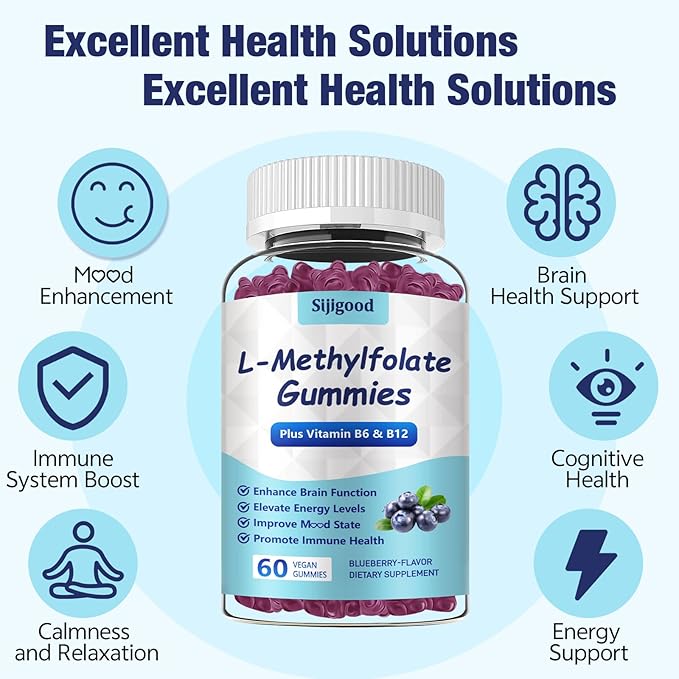 2 Pack L-Methylfolate Gummies with Methyl B12 - Empower Mood Optimize Brain Health &amp Fortify Immune System. Blueberry Flavor 120 Count.