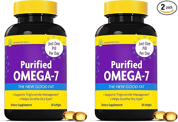 InnovixLabs Purified Omega 7 Supplement - 210 mg Omega-7 Palmitoleic Acid Fish Oil for Metabolism &amp Triglyceride Support Essential Fatty Acids IFOS Approved 30 Softgels (Pack of 2)