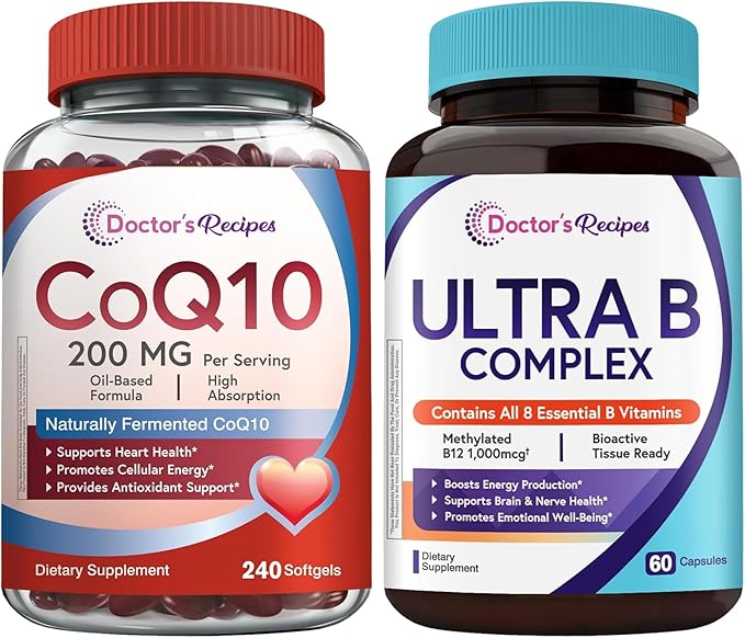 Doctor's Recipes CoQ10 200mg + Vitamin B Complex Bundle High Absorption Coenzyme Q10 with Olive Oil &amp Complete B Vitamins Energy Metabolism &amp Daily Support 300 Total Capsules