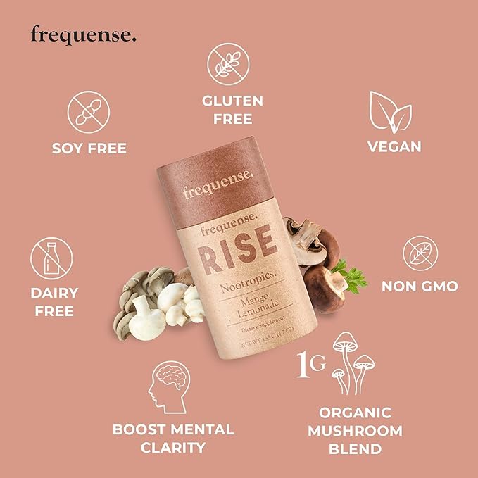 Frequense - Rise Nootropic Sticks - Mango Lemonade Flavor - Supports Brain Performance &amp Clarity - With Mushrooms B Vitamins &amp Green Coffee - 132g