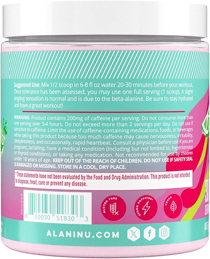 Alani Nu Pre Workout Powder Cherry Twist Amino Energy Boost Endurance Supplement Sugar Free 200mg Caffeine L-Theanine Beta-Alanine L-Citrulline 30 Servings