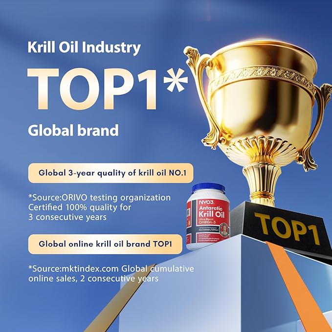 NYO3 Krill Oil Omega 3 Supplement 1000mg 270 Softgels EPA &amp DHA Pure Antarctic Krill Oil with Astaxanthin and 56% Phospholipids Laboratory Tested