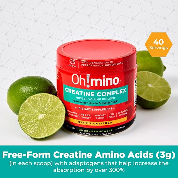 Oh!mino Creatine Complex for Muscle Growth. Micronized Creatine Monohydrate and Hydrochloride with Adaptogens. Perfect for Women and Men. Refreshing Zero Carb Lemon-Lime 40 Servings