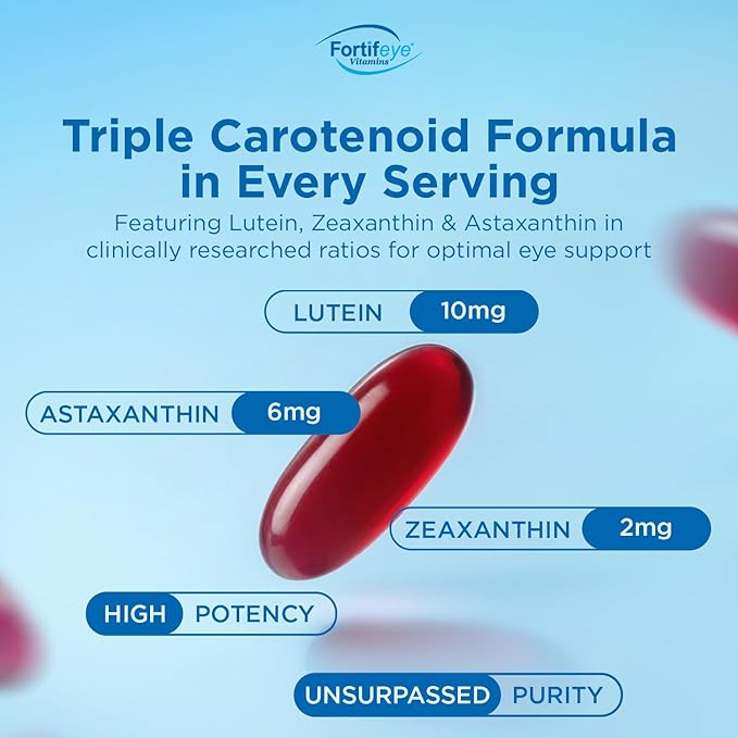Fortifeye Focus Eye Care Supplement 90 Softgel Capsules - Triple Carotenoid Including Astaxanthin Lutein and Zeaxanthin Supplements Eye Vitamins