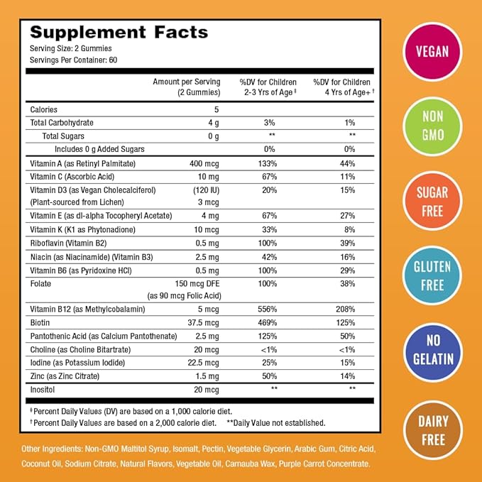NutraChamps 120 Gummy Vitamins for Kids (Pack of 2) Sugar Free Kids Vitamins Gummy Multivitamin Vegan &amp Non-GMO Strawberry Passionfruit Peach &amp Cherry