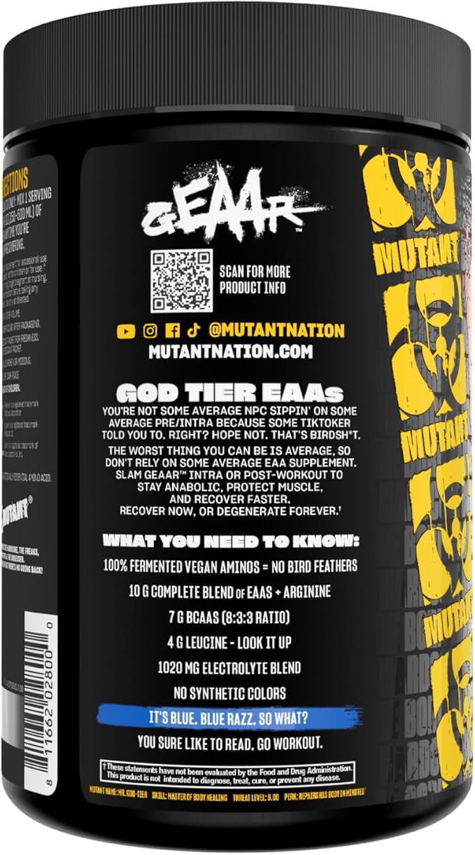 Mutant GEAAR - 9.4g of EAA Powder + Arginine 7g BCAAs 4g Leucine Electrolytes Coconut Water 30 Servings - Blue Raspberry