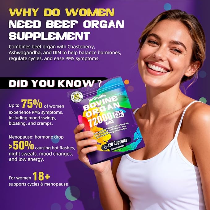 Beef Organ Supplement for Women - 100% Grass Fed Beef Organs with Bovine Liver Ovary Uterus Kidney Heart &amp Fallopian Tubes - PMS Menopause &amp Energy Immune &amp Mood Support 120 Count